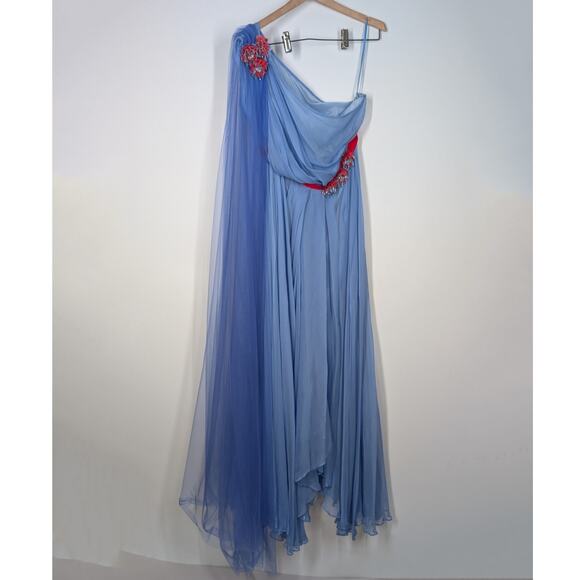 Talbot Runhof Grecian Blue One Shoulder Draped Gown Floral Embellishments Sz 12 - Picture 3 of 15
